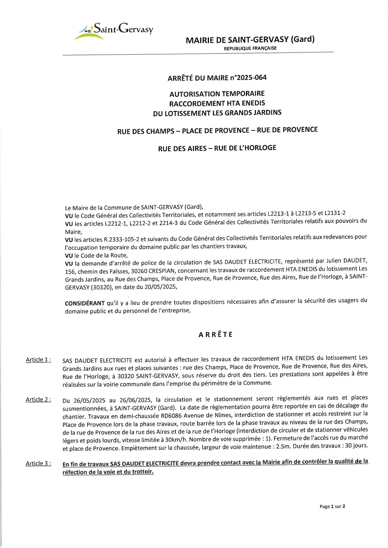 2025-064 Arrêté Autorisation Temporaire Raccordement HTA Enedis Les Grands Jardins 1